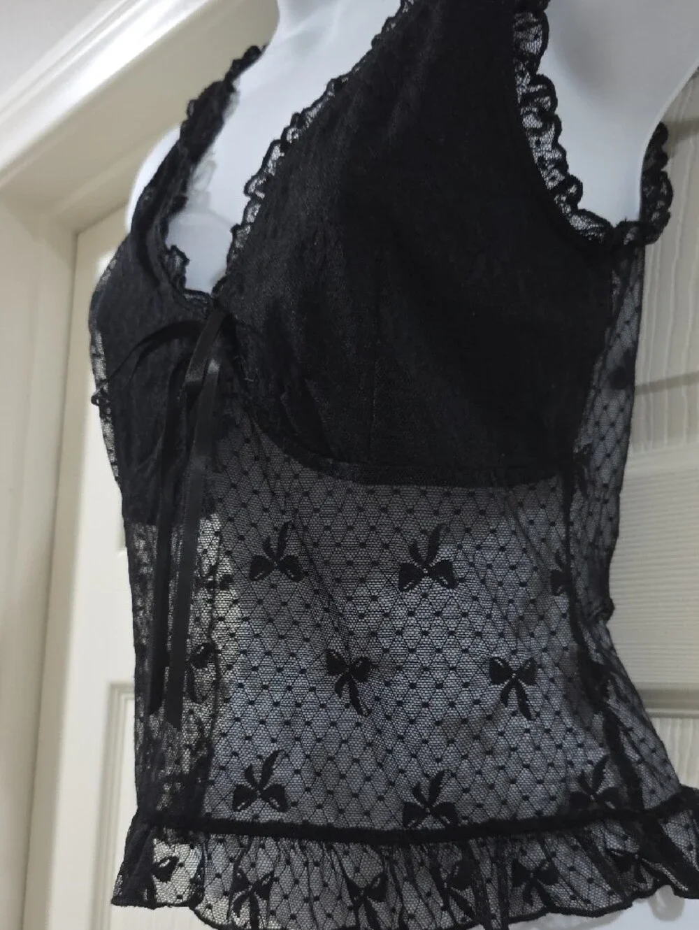 Sheer Black Lace Mesh Chemise Top with Bow Tie